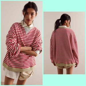 Free People Classic Striped Oversized Crewneck Cherry
